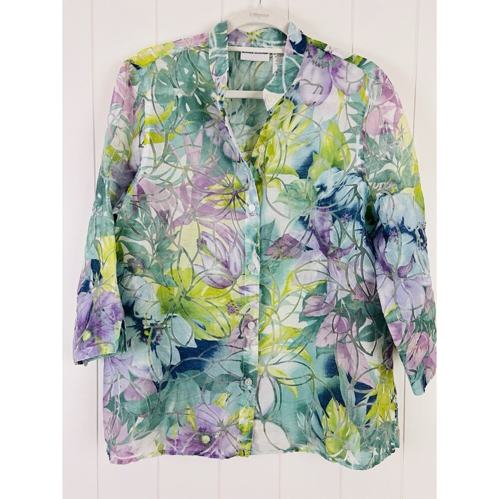 Alfred Dunner Watercolor Floral Soft Lightweight Button Up Blouse Size 14